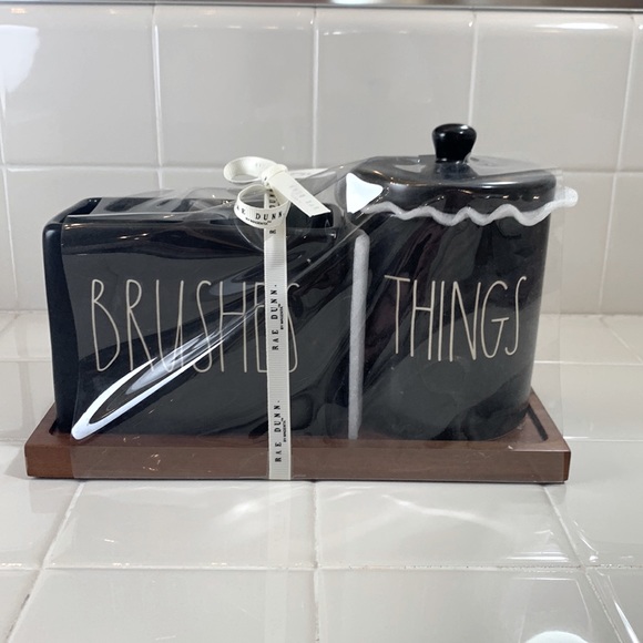 Rae Dunn Other - NWT Rae Dunn BRUSHES & THINGS brush holder and canister with lid black on wood